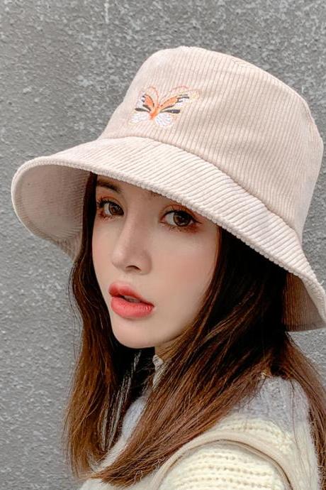 Corduroy Butterfly Embroidery Sun Protection Fisherman Hat