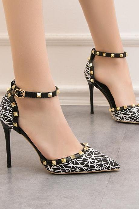 Black High Heel Shallow Pointed Hollow Out Rivet Slotted Sandals