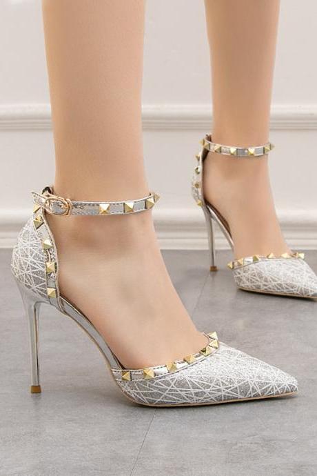 High Heel Shallow Pointed Hollow Out Rivet Slotted Sandals