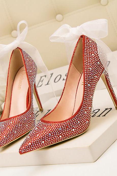 Red Shallow Mouth Pointed Sexy Rhinestone Color Diamond High-heeled Shoes