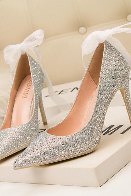 Shallow Mouth Pointed Sexy Rhinestone Color Diamond High-heeled Shoes
