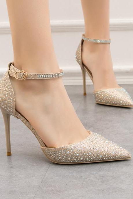 Golden Pointed Hollow Out Rhinestone Slotted Sandals