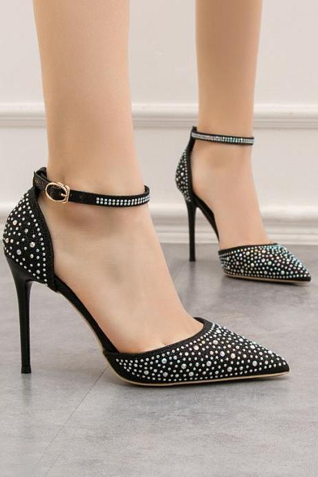 Black Pointed Hollow Out Rhinestone Slotted Sandals