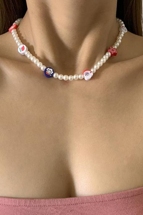 Colorful Christmas Funny Imitation Pearl Necklace Soft Pottery Pattern Beaded Necklace-1