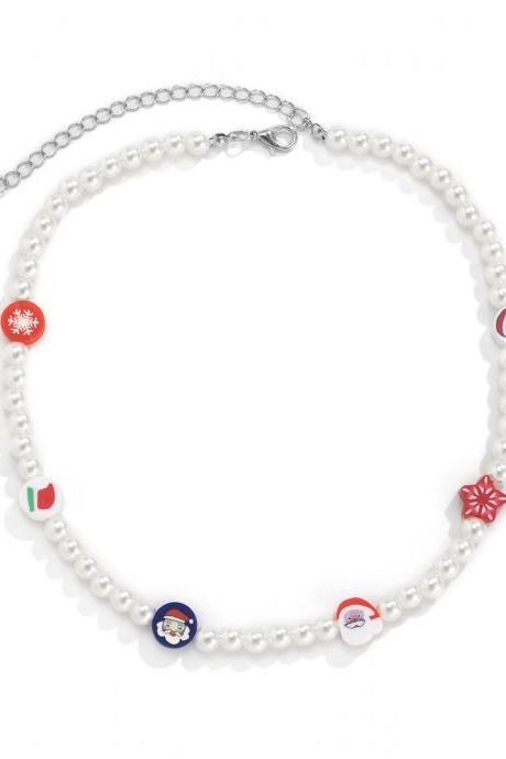 Colorful Christmas Funny Imitation Pearl Necklace Soft Pottery Pattern Beaded Necklace-3