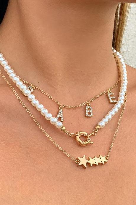 Retro Mix And Match Imitation Pearl Chain Necklace With Rhinestone Letter Star Overlay Necklace