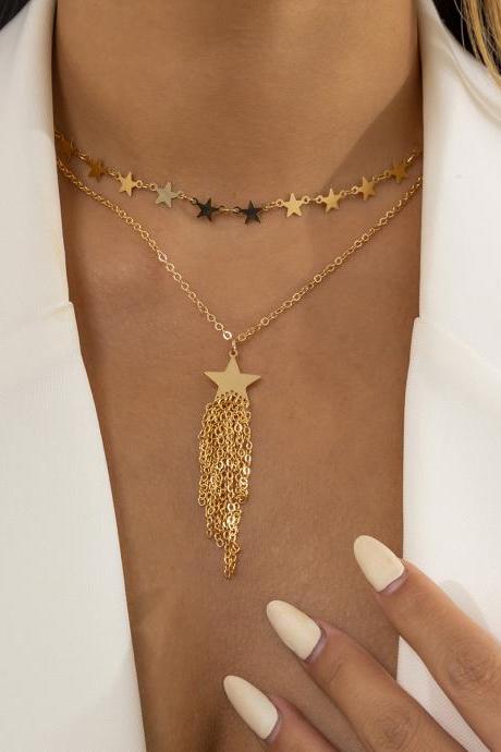 Simple Metal Tassel Star Pendant Necklace Retro Double Layered Long Necklace