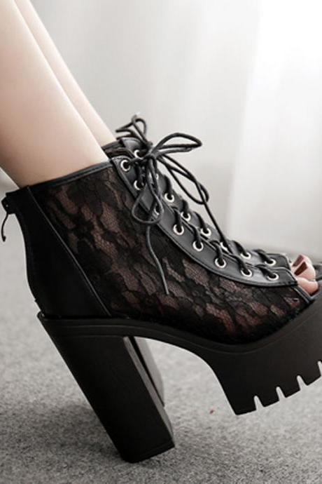 Lace Fashion Sandals Thick Heel Thick Sole Waterproof Platform Sandals Short Boots