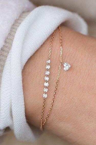 Fashion Peach Heart Diamond Rhinestone Double Layer Bracelet