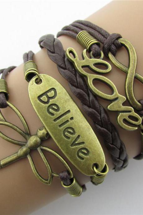 Believe Dragonfly Love 8-shaped Multi Strand Wax Rope Woven Bracelet