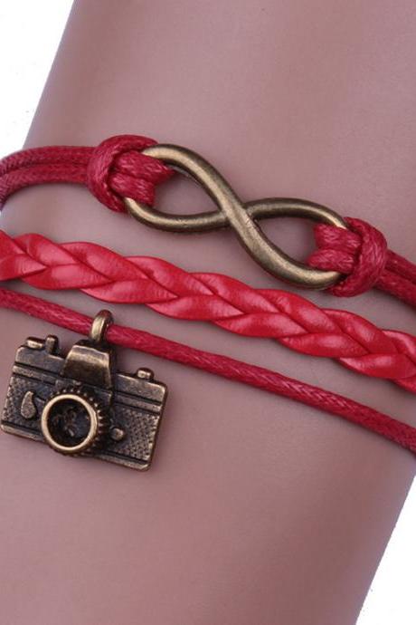 8-word Infinity Camera Red Leather Rope Woven Bracelet