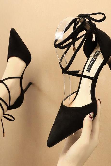 Suede Pointed Cross Tie Bow High-heeled Sandals