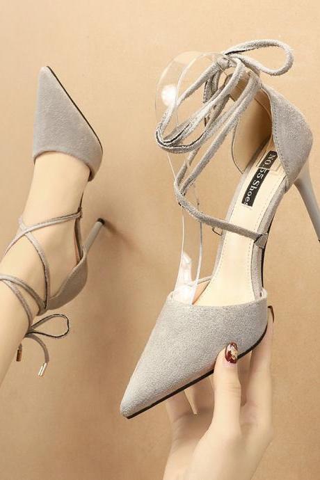 Gray Suede Pointed Cross Tie Bow High-heeled Sandals