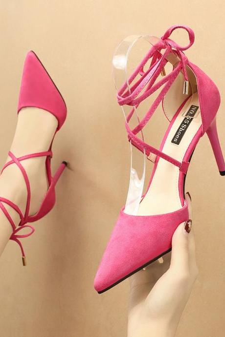 Rose Red Suede Pointed Cross Tie Bow High-heeled Sandals