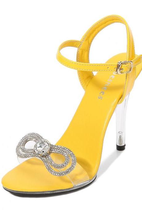 Yellow Rhinestone Bow Transparent High-heeled Sandals
