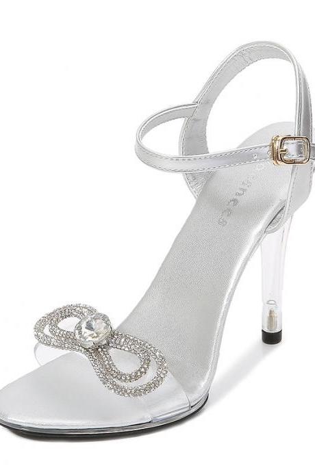 Silvery Rhinestone Bow Transparent High-heeled Sandals