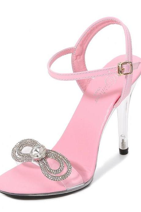 Pink Rhinestone Bow Transparent High-heeled Sandals
