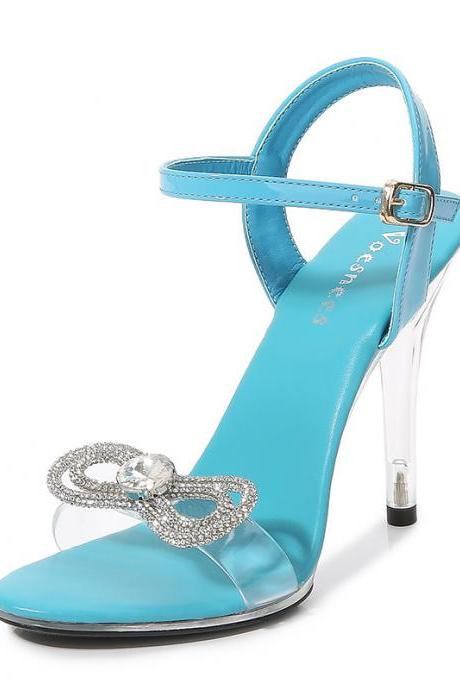 Light Blue Rhinestone Bow Transparent High-heeled Sandals
