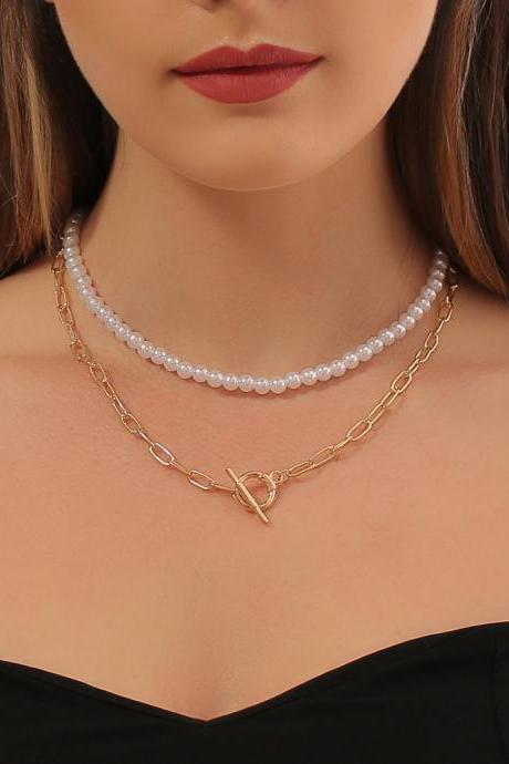 Multi Layer Pearl Necklace Fashion Retro Exaggerated Ot Buckle Chain Clavicle Chain