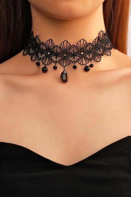 Black Lace Clavicle Chain Vintage Choker Neck Chain Tassel Flower Collar