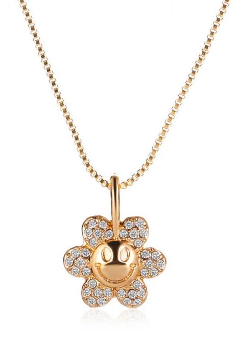 Zircon Sunflower Pendant Necklace Smiling Face Clavicle Chain Sweater Chain