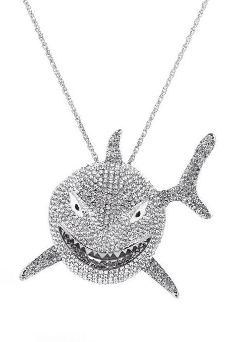 Silvery Diamond Pendant Necklace Retro Punk Exaggerated Large Shark Clavicle Chain Couple Accessories