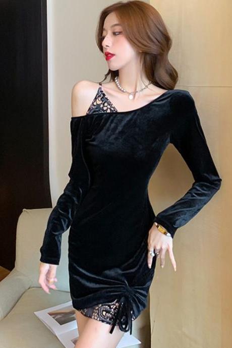 Fashion Gold Velvet Stitched Lace Diagonal Shoulder Long Sleeve Dress