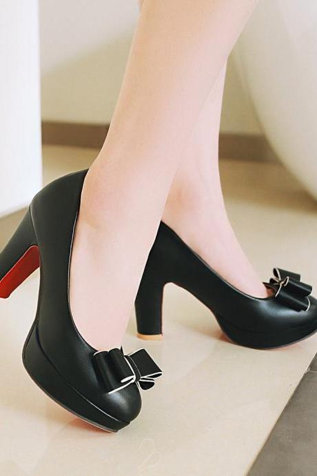 Black Sweet Candy Colored Low-cut Bowknot Chunky Heels Shoes