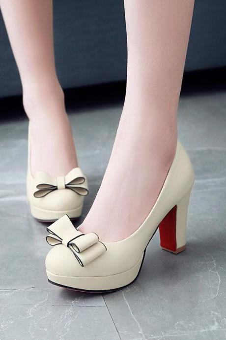 Beige Sweet Candy Colored Low-cut Bowknot Chunky Heels Shoes