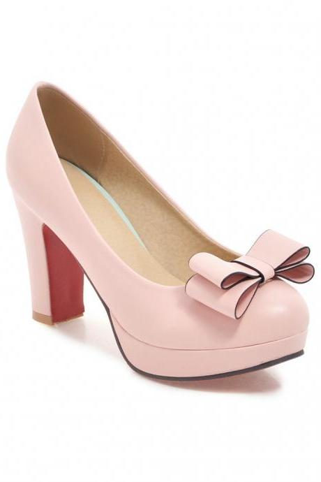 Pink Sweet Candy Colored Low-cut Bowknot Chunky Heels Shoes