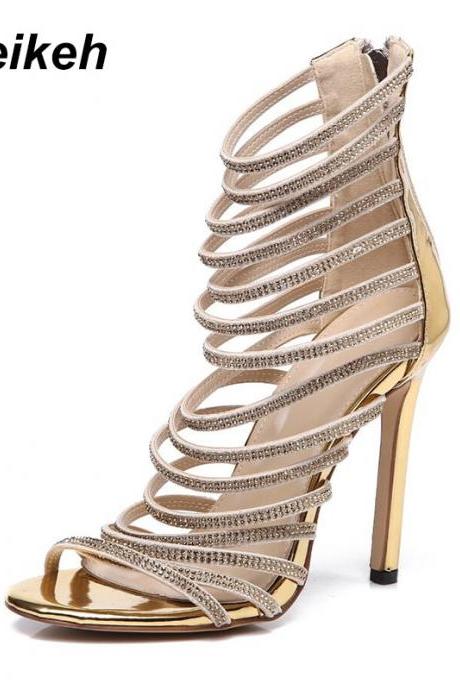 Aneikeh Bling Bling Gold Crystal Sandals Thin Strappy Gladiator Sandal Shoes Stiletto Heel Wedding Pumps Rhinestone Cage Sandal