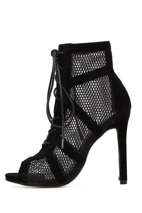Fashion Show Black Net Suede Fabric Cross Strap Sexy High Heel Sandals Woman Shoes Pumps Lace-up Peep Toe Sandals