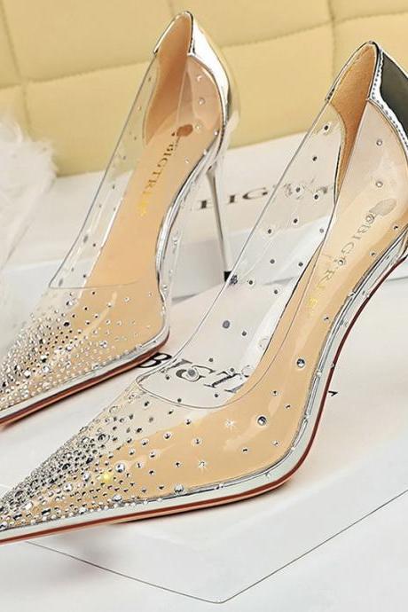 Silvery Pvc Transparent Heels Women Pumps Sparkle Rhinestones High Heels Sexy Party Shoes