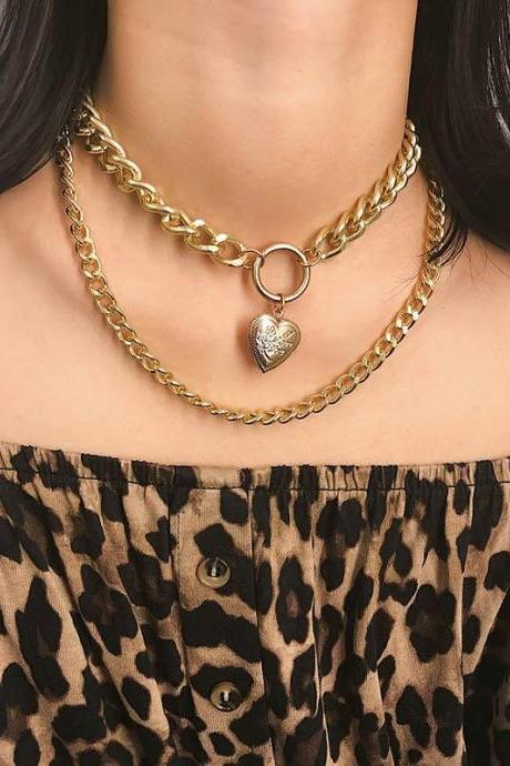 Vintage Chain Choker Layered Heart Pendant Necklaces