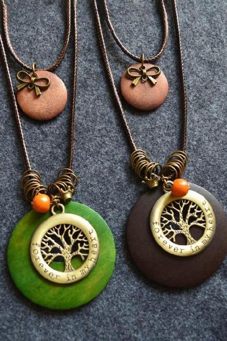 Wood Two-pieces Tree&amp;amp;amp;bowknot Pendant Necklace
