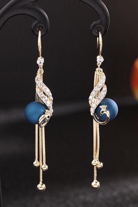 Vintage Pearl&Peacock Pattern Splicing Tassel Earrings