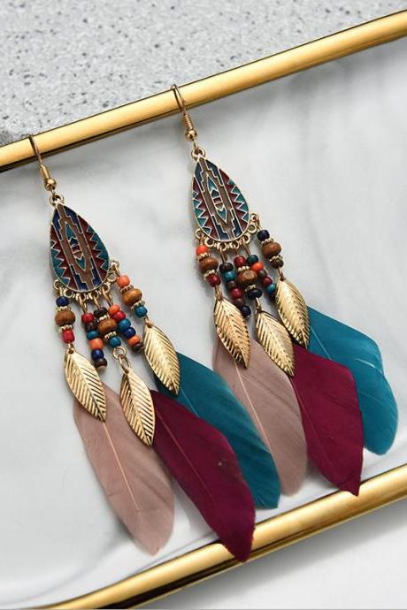  Feather Tassels Beads Chain Earrings