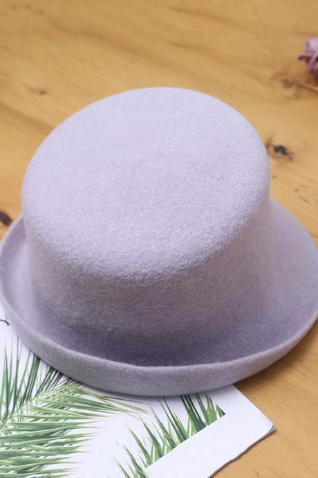 Purple Vintage Solid Color Wool Bucket Hat