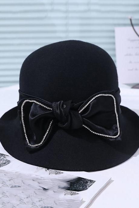 BLACK Vintage Contrast Color Bow-Embellished Felt Hat