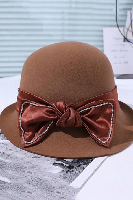 BROWN Vintage Contrast Color Bow-Embellished Felt Hat