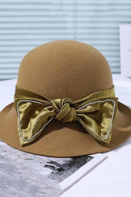 KHAKI Vintage Contrast Color Bow-Embellished Felt Hat