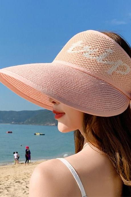 PINK Simple Breathable Sun Protection Bow-Embellished Sun Hat Straw Hat
