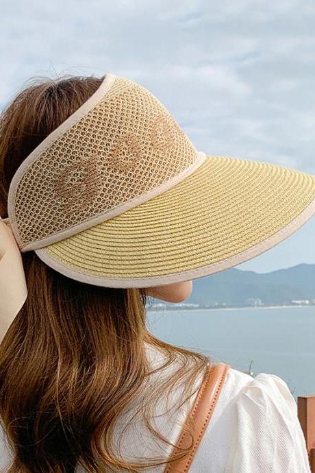 BEIGE Simple Breathable Sun Protection Bow-Embellished Sun Hat Straw Hat