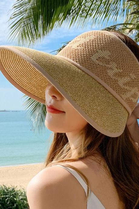 KHAKI Simple Breathable Sun Protection Bow-Embellished Sun Hat Straw Hat