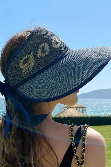NAVY BLUE Simple Breathable Sun Protection Bow-Embellished Sun Hat Straw Hat