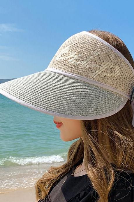 GRAY Simple Breathable Sun Protection Bow-Embellished Sun Hat Straw Hat
