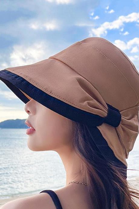 COFFEE Casual Contrast Color Bow-Embellished Sun Protection Sun Hat