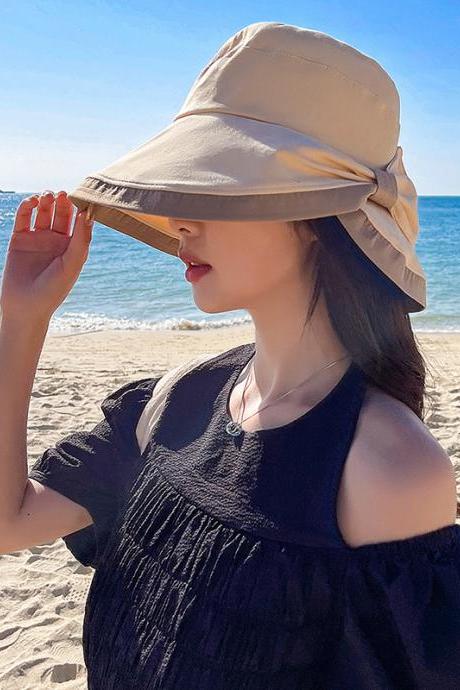 KHAKI Casual Contrast Color Bow-Embellished Sun Protection Sun Hat