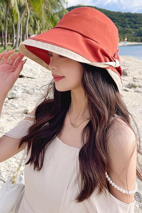BRICK RED Casual Contrast Color Bow-Embellished Sun Protection Sun Hat