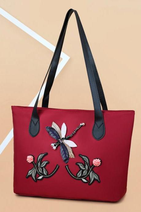 RED Vintage Embroidered Floral Applique Oxford Cloth Bag